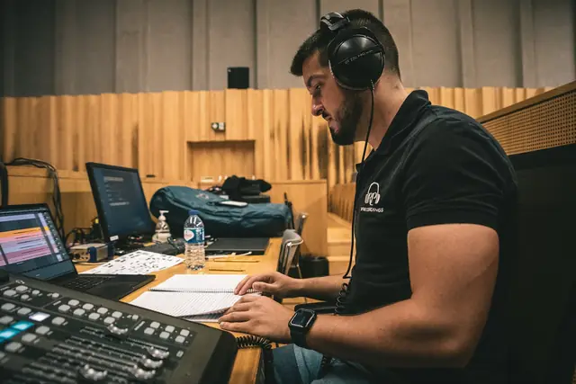 Rui Pinto à mesa de mistura, de auscultadores, com a banda a tocar atrás dele